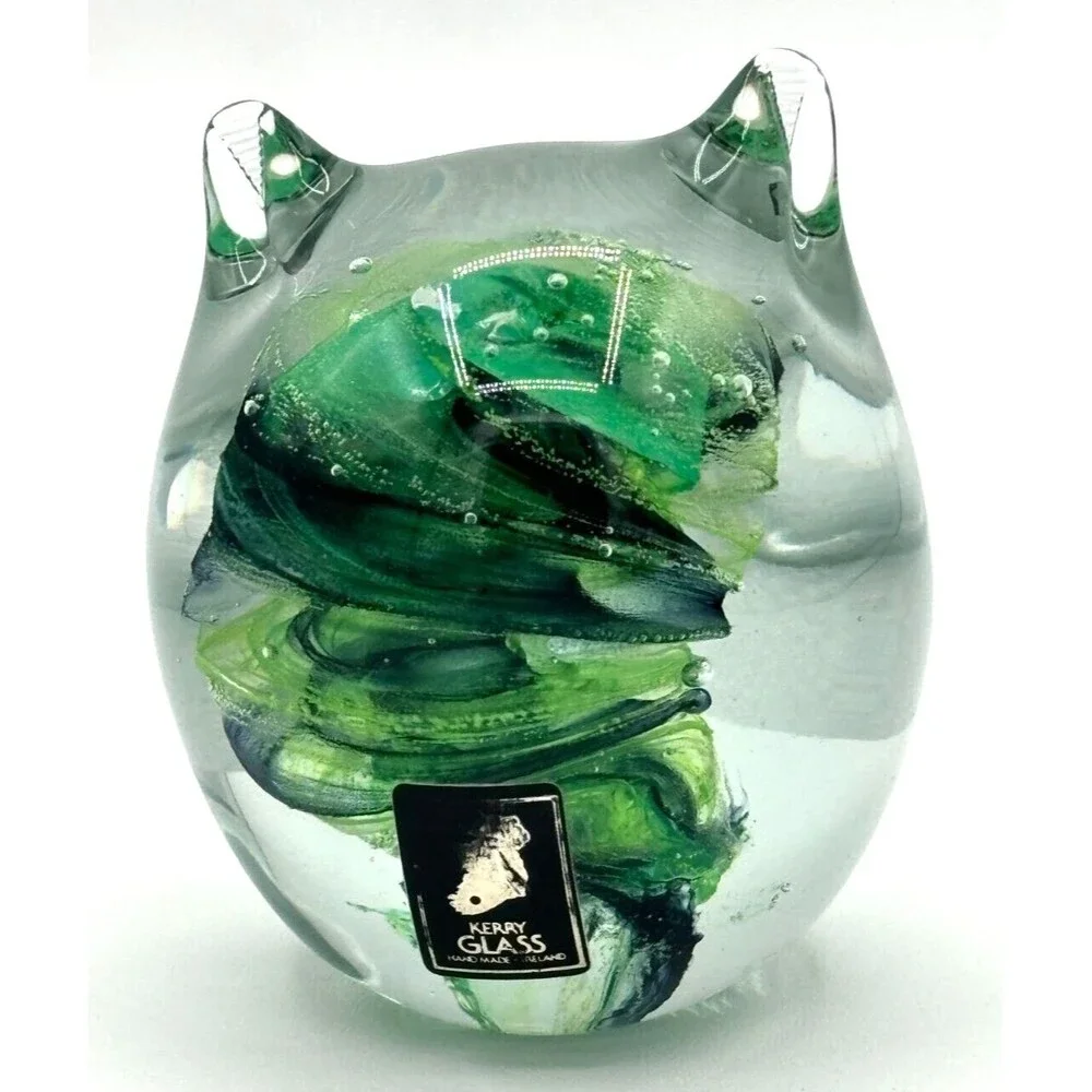 Kerry Glass Art Blown Glass Paperweight Owl‎ Green Swirl Hand Made in Ireland